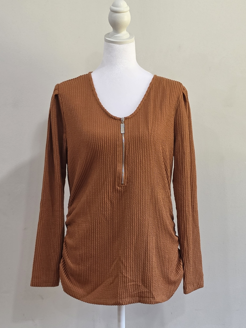 Zip-Front Waffle Long-Sleeve Top - Rust